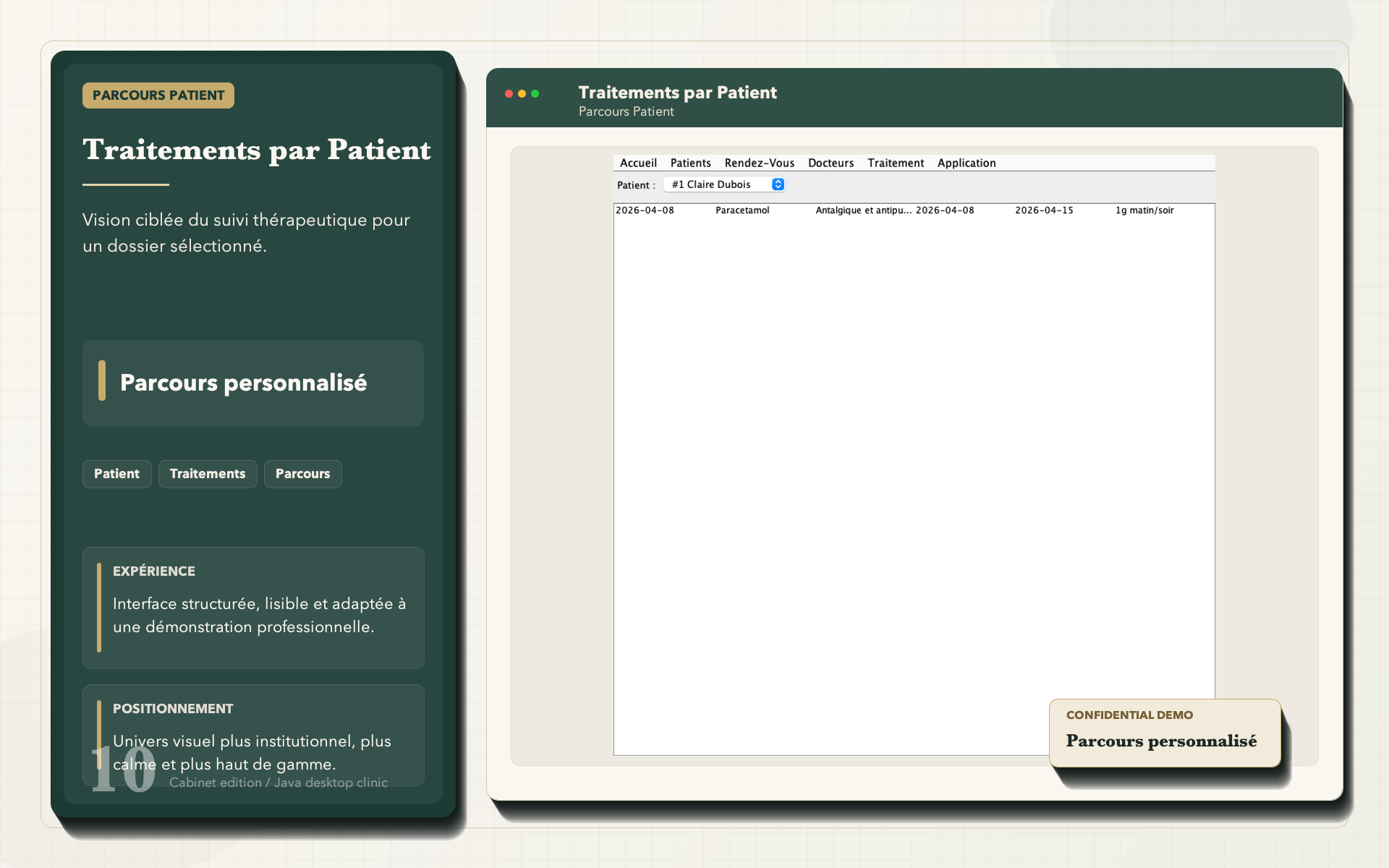Vue des traitements par patient dans l'application de gestion médicale
