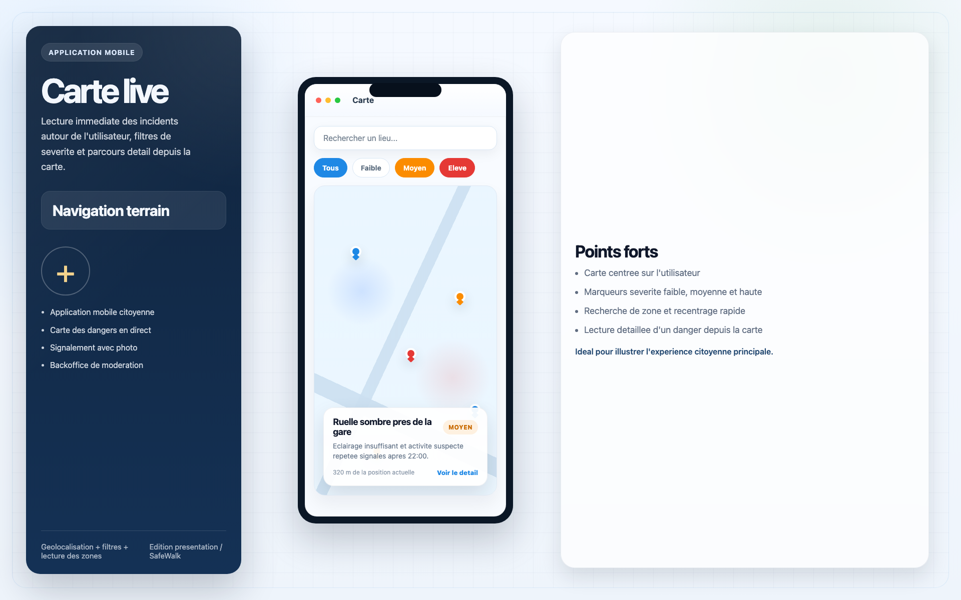 SafeWalk carte live avec incidents géolocalisés