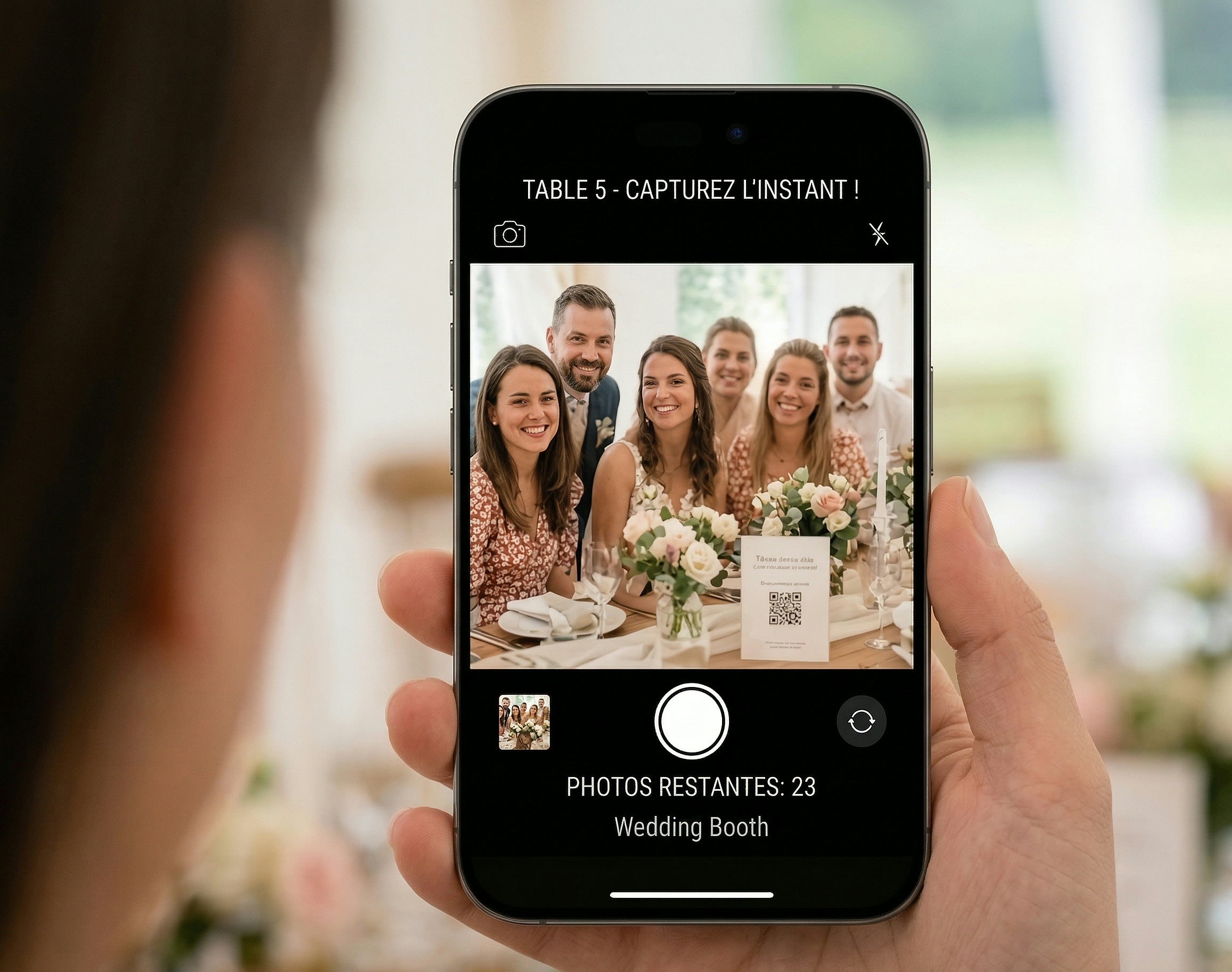 Interface mobile Wedding Booth pendant la prise de photo des invités